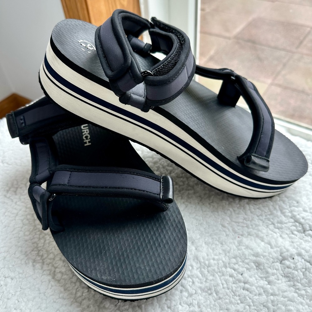 Tory Burch Sport Navy  Strappy Platform Sandals Velcro Strap Size 10.5